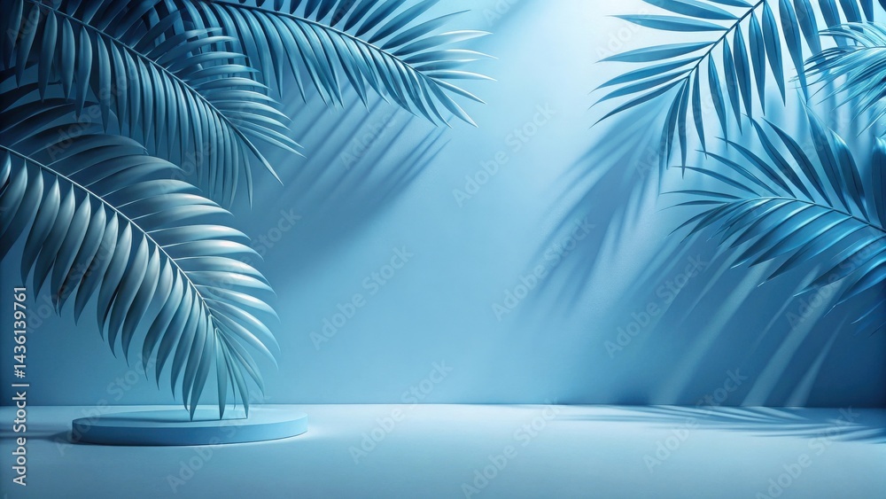 Poster Serene Blue Minimalist Product Display with Palm Fronds and Subtle Light Shadows