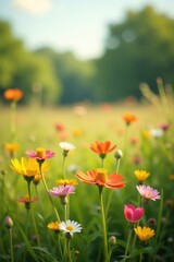 Naklejka premium Vibrant Wildflowers Bloom in a Sunlit Meadow, Their Petals Glowing with Warm Hues, Creating a Serene and Peaceful Pastoral Scene