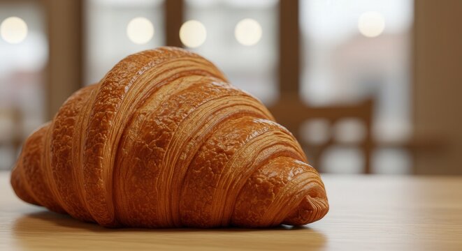 Croissant with blurred cafe or window background, depth of field, central soft empty area for text overlay.