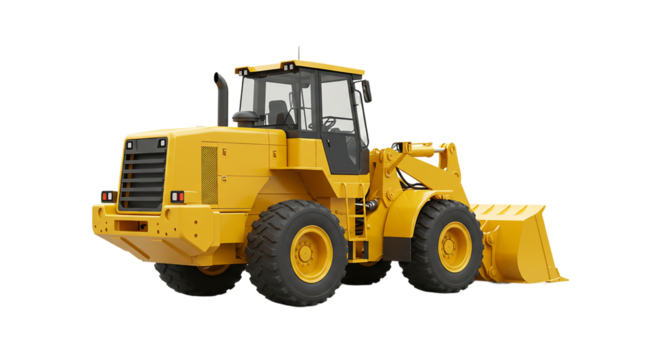 A front view of a yellow wheel loader with large tires and a bucket against a black background