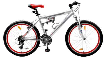 Silver Mountain Bike with Red Accents: A sleek, modern mountain bike with silver frame and striking red wheel rims and seat, showcasing its robust design for outdoor adventures.