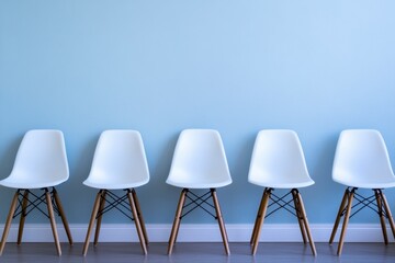 Five Modern White Chairs Against Soft Blue Wall Background