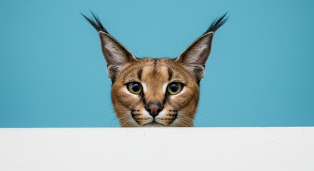 Obraz premium Portrait of a Curious Caracal Cat Peeking Over a White Surface with Blue Backdrop