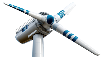 Wind Turbine for Renewable Energy: A close-up, detailed image of a wind turbine, a powerful symbol of sustainable energy and innovation, with a focus on its impressive blades against the open sky.