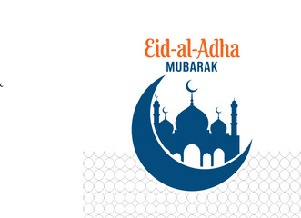 A simple Eid al-Adha greeting card featuring a mosque silhouette within a crescent moon.
