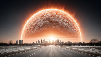 Powerful solar flare on the Sun, with a city on Earth in the background, symbolizing atmospheric phenomena, magnetic storms and the influence of solar activity on the planet.