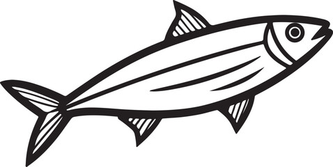 sardine fish line art, black outline, vector and illustration, coloring book page line art drawing