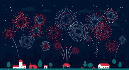 Festive Fireworks Display Over City Skyline Celebrating Independence Day or New Year's Eve