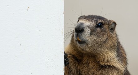 Groundhog curiously peeks around a pristine white corner structure