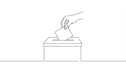 Hand casting vote in ballot box for election or referendum line art illustration concept for democracy and civic duty on white background