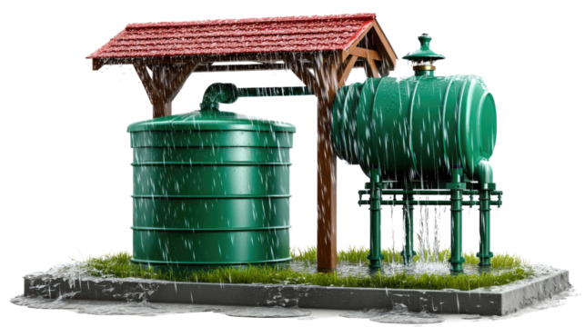 Rainwater Harvesting System: An efficient rainwater harvesting system showcasing the modern method for collecting and storing water. A perfect depiction of eco-friendly measures and resources.