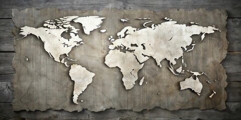 Fototapeta premium Antique World Map Carved Into Weathered Paper Affixed to Rustic Wooden Planks