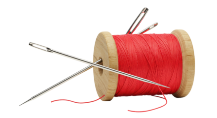 Isolated Wooden Spool with Red Thread and Needles