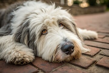 Old English Sheepdog Relaxing on Brick Surface at Sunset Generative AI
