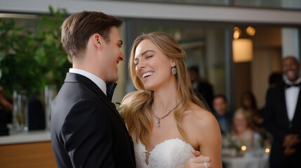 Joyful Bride and Groom Dancing at Wedding Celebration