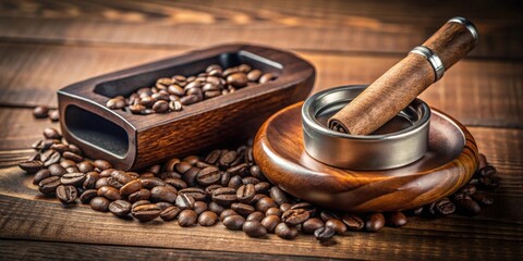 Wooden containers filled with coffee beans and cinnamon stick rest on a dark brown wooden surface