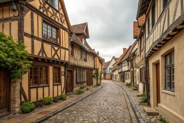 Fototapeta premium Charming Cobblestone Street With Half-Timbered Buildings Generative AI