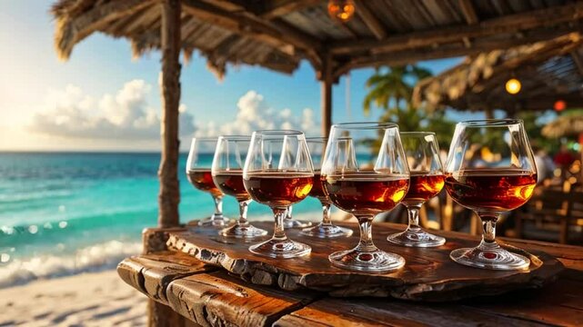 Cuban rum in glasses on a table against the backdrop of a stunning seascape of Cuba