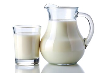 Glass and jug with milk isolated on white background