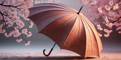 Ornate umbrella, cherry blossoms, serene scene.