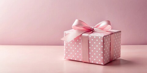 A delicately wrapped pink gift box with white polka dots and a lovely pink ribbon, sitting on a pale pink surface against a soft pink backdrop.