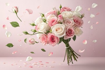 Obraz premium Floating Bouquet of Pink and White Roses With Petals Scattered Generative AI