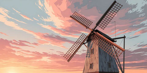 Windmill against a sunset sky. Peaceful, rustic scene.