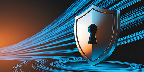 Digital shield protects data streams. Cybersecurity concept.