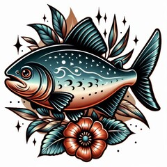 Stylized fish illustration inspired traditional tattoo art with floral elements