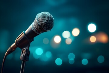Obraz premium Close-up of a professional stage microphone under vibrant lights