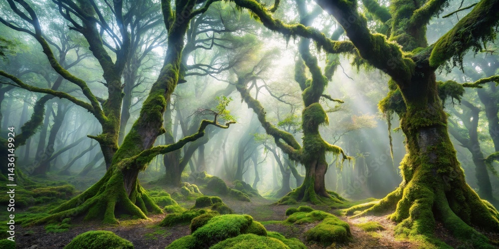 Poster enchanted mossy forest path, sunbeams filtering through ancient trees, creating a mystical atmospher