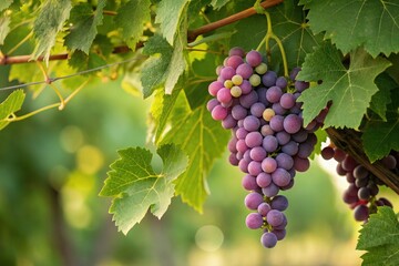 Fototapeta premium Vibrant Grapes Hanging Among Lush Green Leaves in Vineyard Generative AI