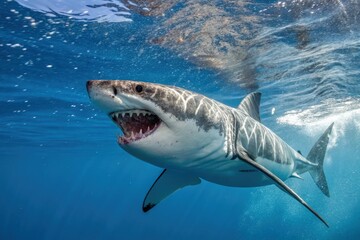 Fototapeta premium Great White Shark Showing Powerful Jaws in Deep Ocean Waters Generative AI