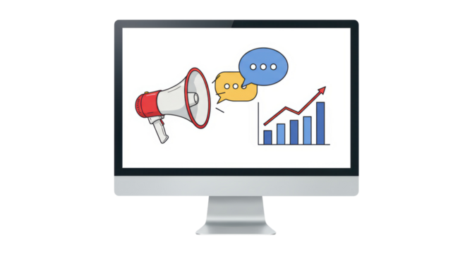Isolated Online Marketing Concept with Megaphone Speech Bubbles and Chart