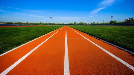 Outdoor Running Track with Clear Sky and Green Grass Field