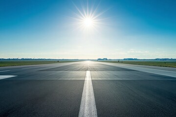 Clear Sky and Sun Over an Empty Airport Runway in the Morning
