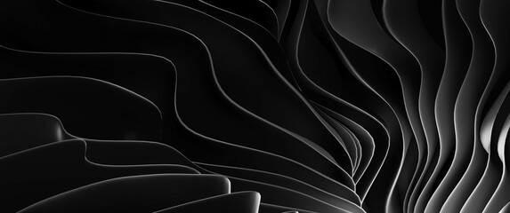 3D Render. 8K Colorful Abstract Geometric Paper Waves Dark Black Panoramic Image Wallpaper Background Curved Surface Anamorphic
