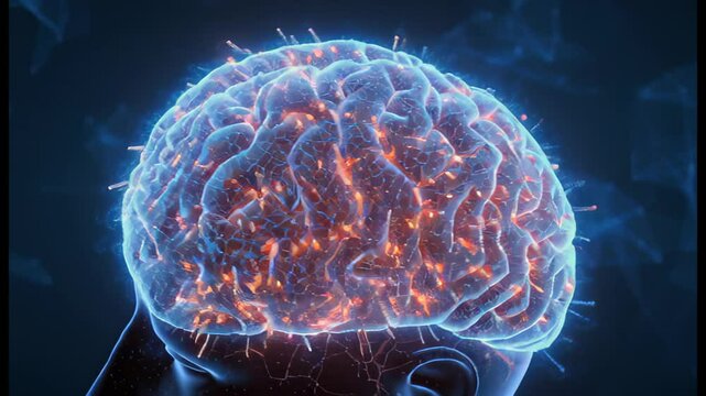A digital illustration of a human brain with glowing neural pathways and activity