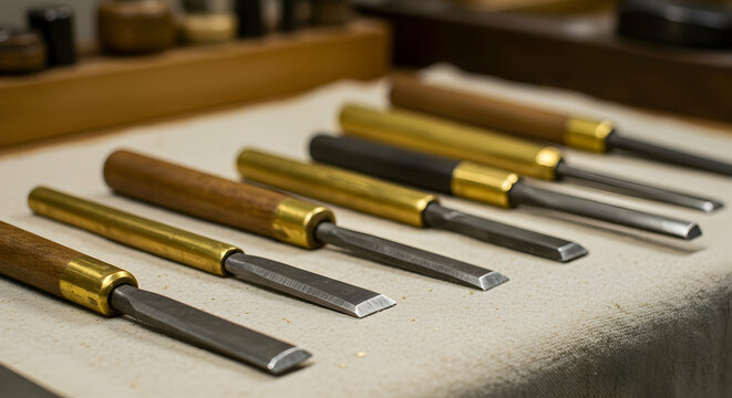 Woodworking Tools Chisels Craftsmanship Carpentry Handmade Artisan Precision Instruments Hobby Workshop Sharp Blades Equipment Set Collection Variety