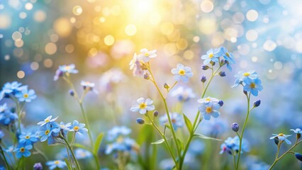 Delicate Blue Flowers Illuminated by Golden Sunlight in a Serene Meadow Setting