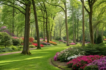 Obraz premium Lush Park Featuring Vibrant Flowers and Towering Trees Generative AI
