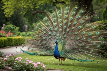 Majestic Peacock Displaying Vibrant Plumage in Garden Setting Generative AI