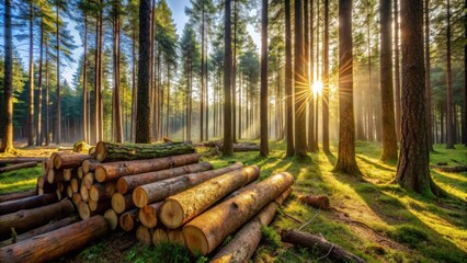 Golden Sunrise Illuminates a Forest of Tall Trees with a Stack of Harvested Logs