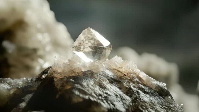 Clear diamond crystal atop rough rock