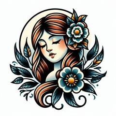 Vintage cartoon woman portrait in traditional tattoo style with flowers