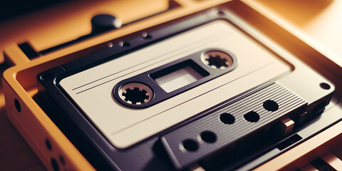 Fototapeta premium Vintage cassette tape, close-up view.
