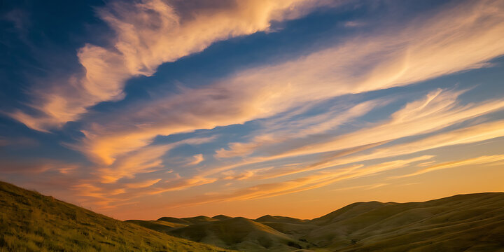 Dramatic sunset over rolling hills.