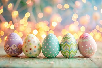 Fototapeta premium Pastel Easter Eggs Background, Cute Spring Bokeh, Decorative Egg Pattern, Holiday Image