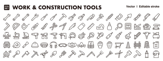 Big set of work and construction tool icon.Vector editable stroke line icon.