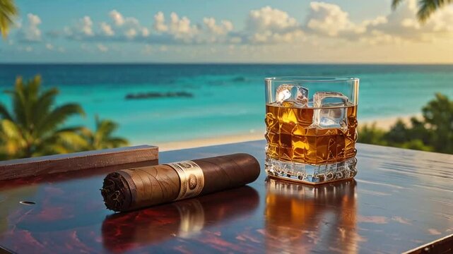 Cuban rum in a glass and a cigar on a table against the backdrop of a stunning seascape of Cuba
